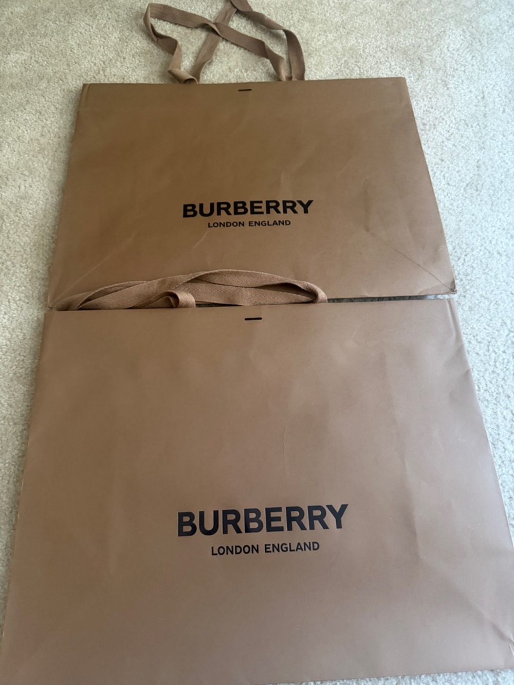 Two Large Burberry Brown Paper Shopping Bags with Black Logo - Set of Two